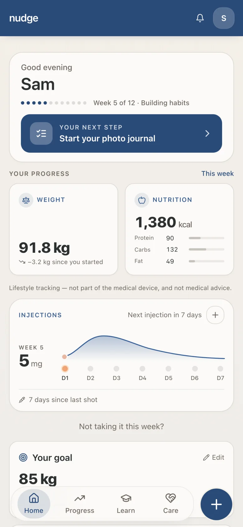 The nudge home screen: a greeting, the next step to take, weight and nutrition summaries, and the injection week from day 1 to day 7.