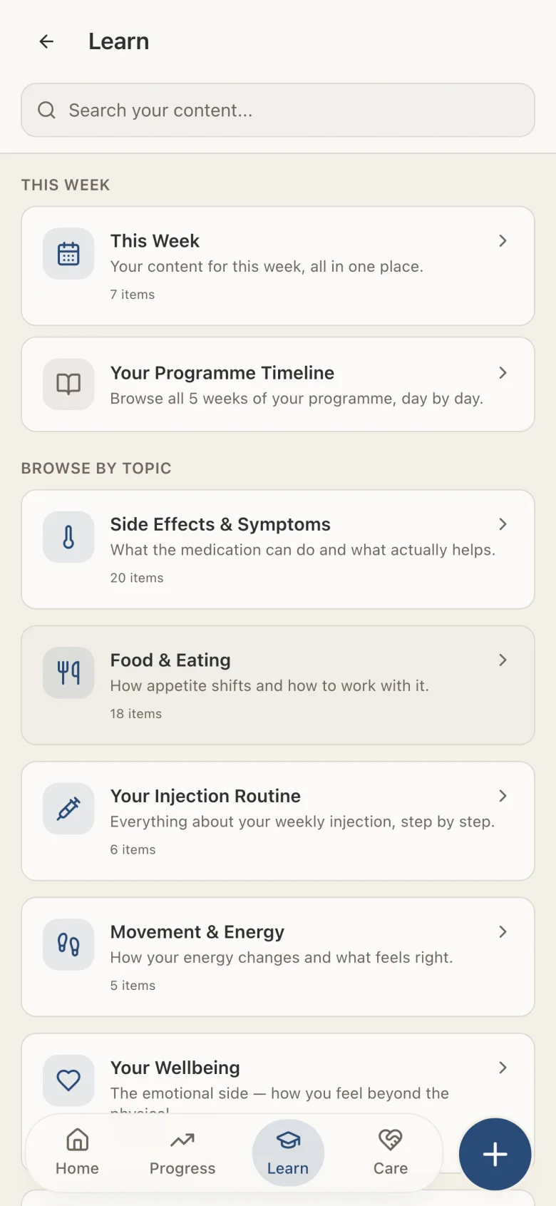 The learn screen: this week's content, your programme timeline, and topics including side effects, food and eating, your injection routine, movement and energy, and wellbeing.